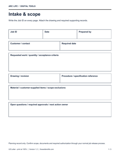 Actual Job Traveler V1.2 large-print intake and scope form, page 1 of 3, included with the printable pack