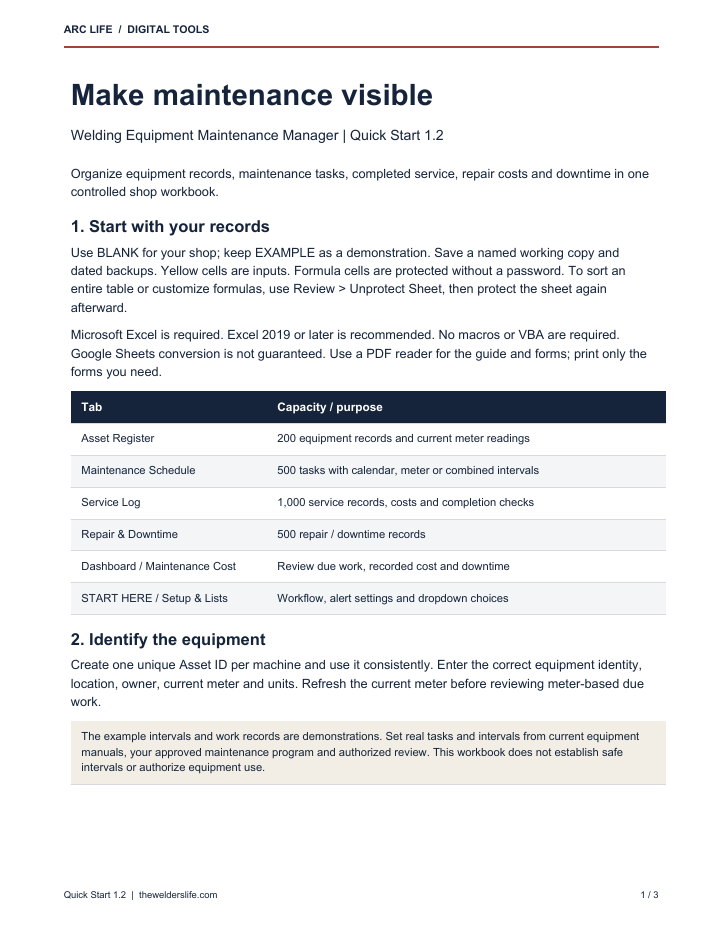 Actual Maintenance Manager V1.2 Quick Start Guide, page 1 of 3: setup, workbook capacities and maintenance-record limitations