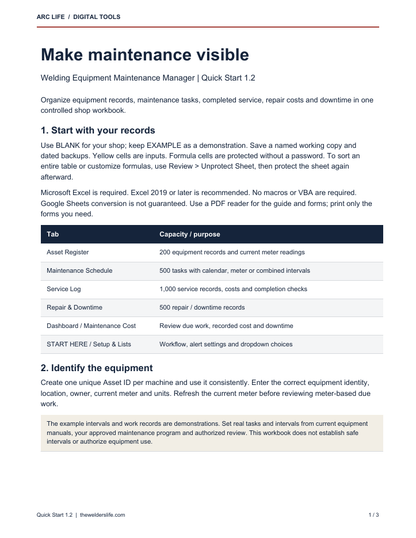 Actual Maintenance Manager V1.2 Quick Start Guide, page 1 of 3: setup, workbook capacities and maintenance-record limitations