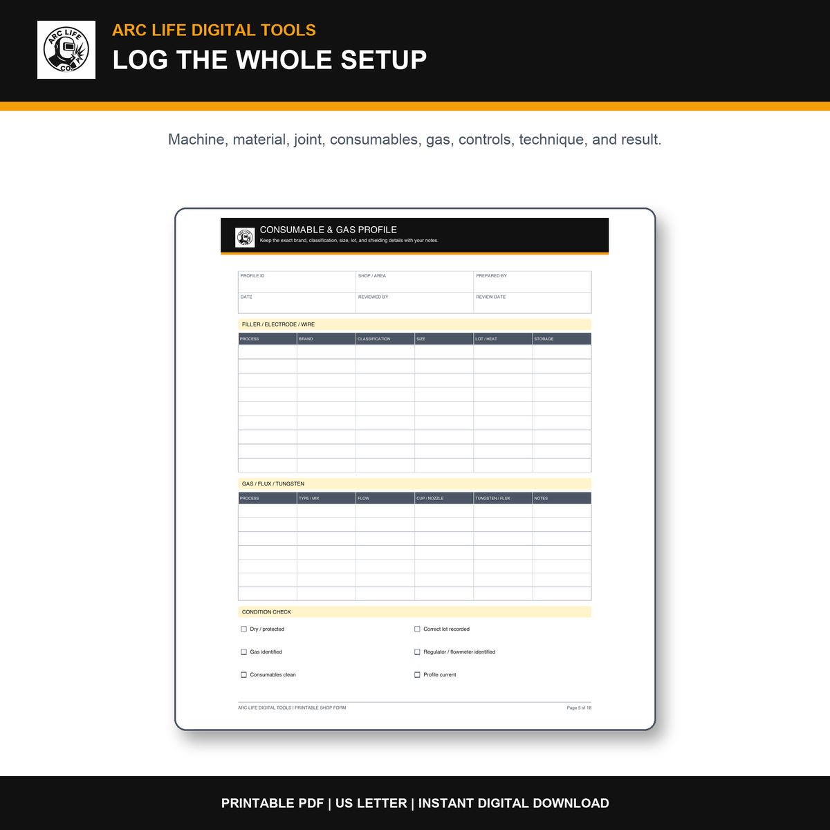 Arc Life consumable and gas profile printable welding form preview