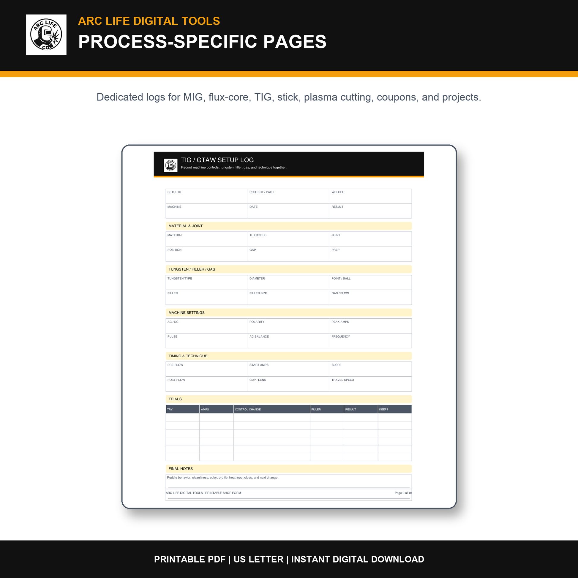 Arc Life TIG and process-specific weld settings printable form preview