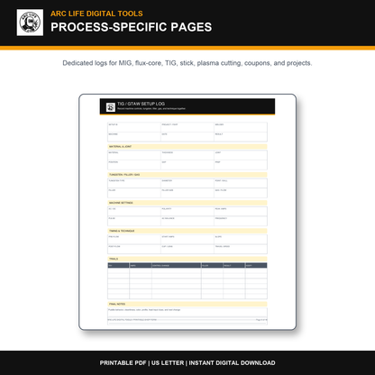 Arc Life TIG and process-specific weld settings printable form preview