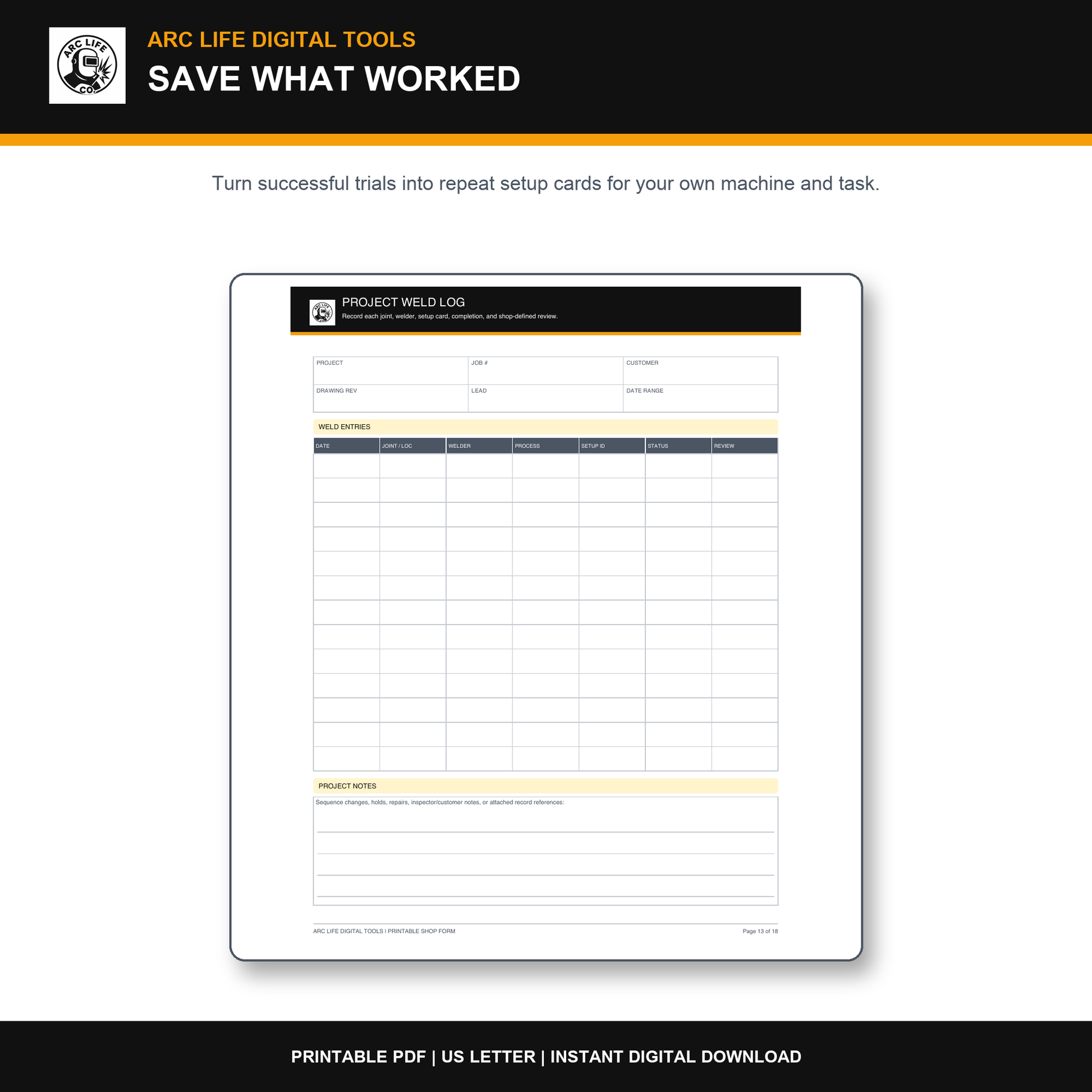 Arc Life project weld log and repeat setup card printable form preview