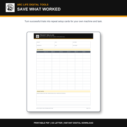 Arc Life project weld log and repeat setup card printable form preview