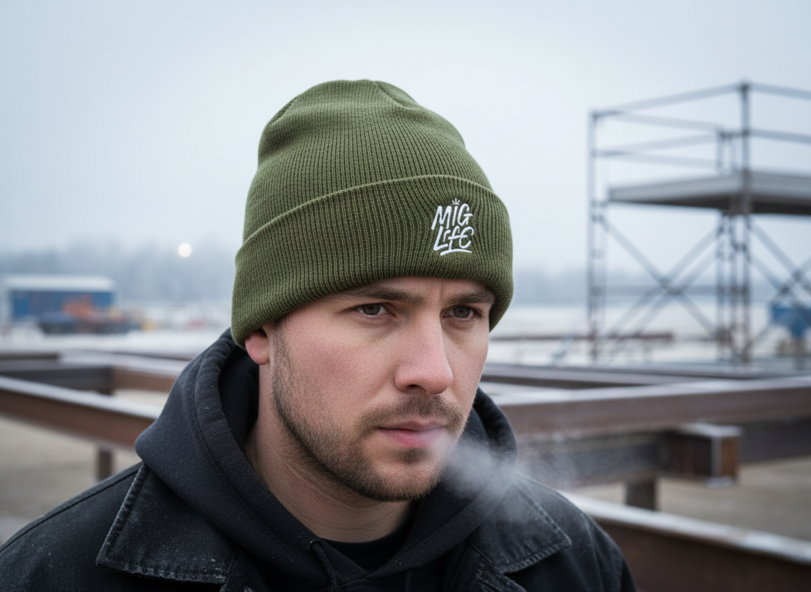 Mig Life Embroidered Cuffed Beanie, Dark Color