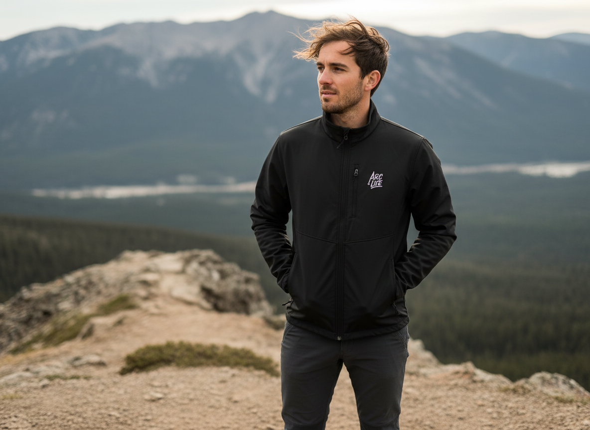 Embroidered Soft Shell Jacket — 'Arc Life' Logo Men's Lightweight Windbreaker