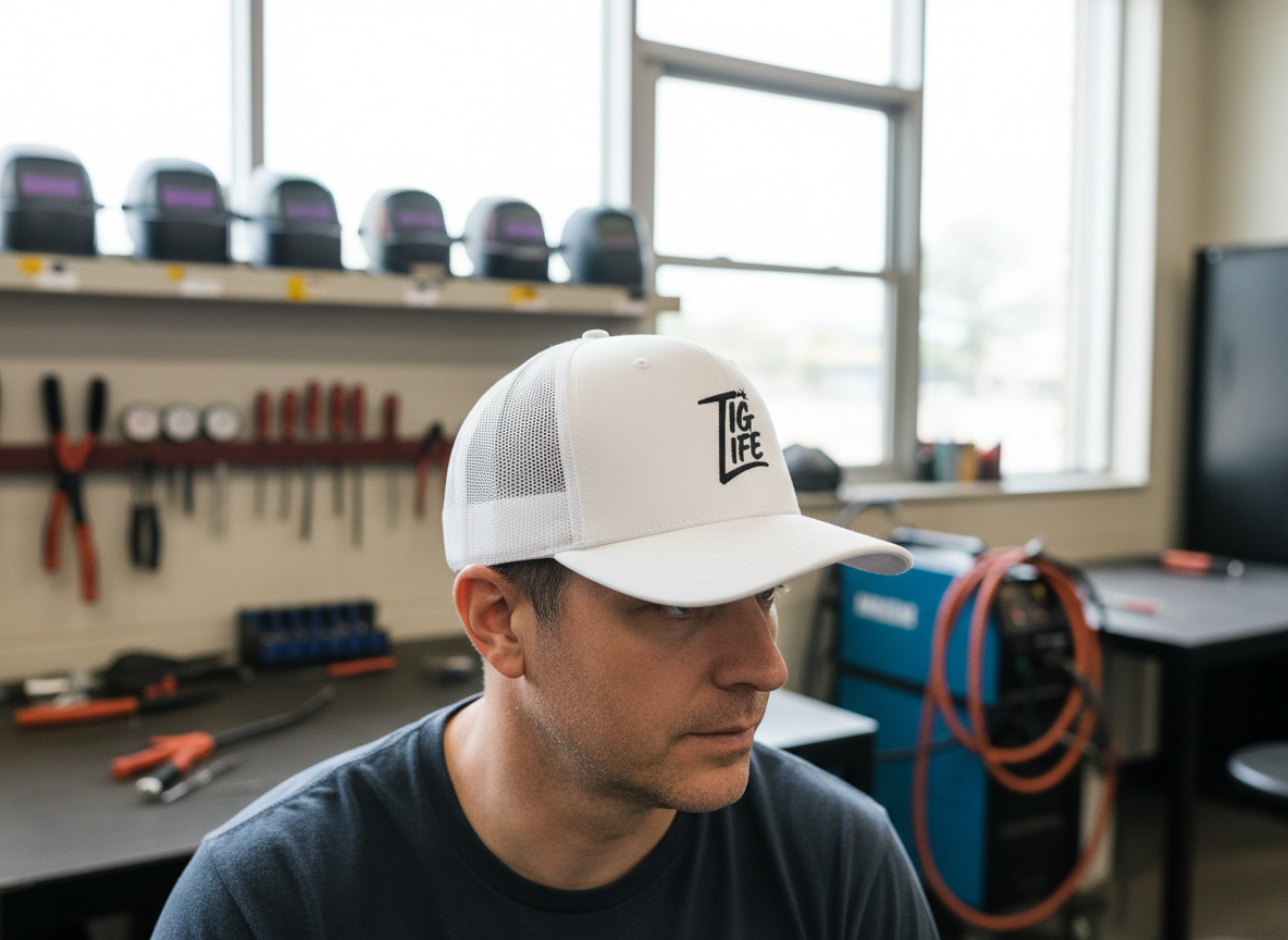 TIG Life Snapback Trucker Hat, Light Color, Black Text