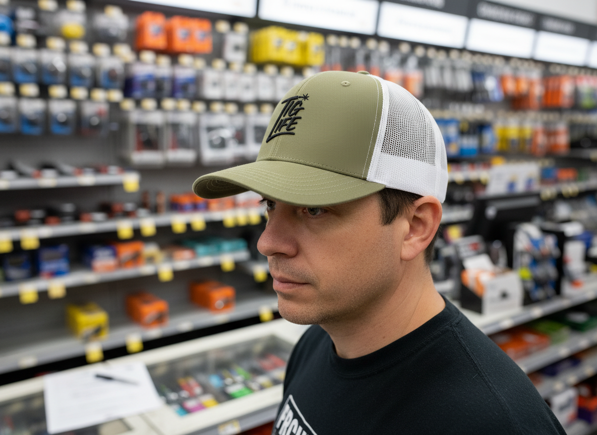 TIG Life Snapback Trucker Hat, Light Color, Black Text