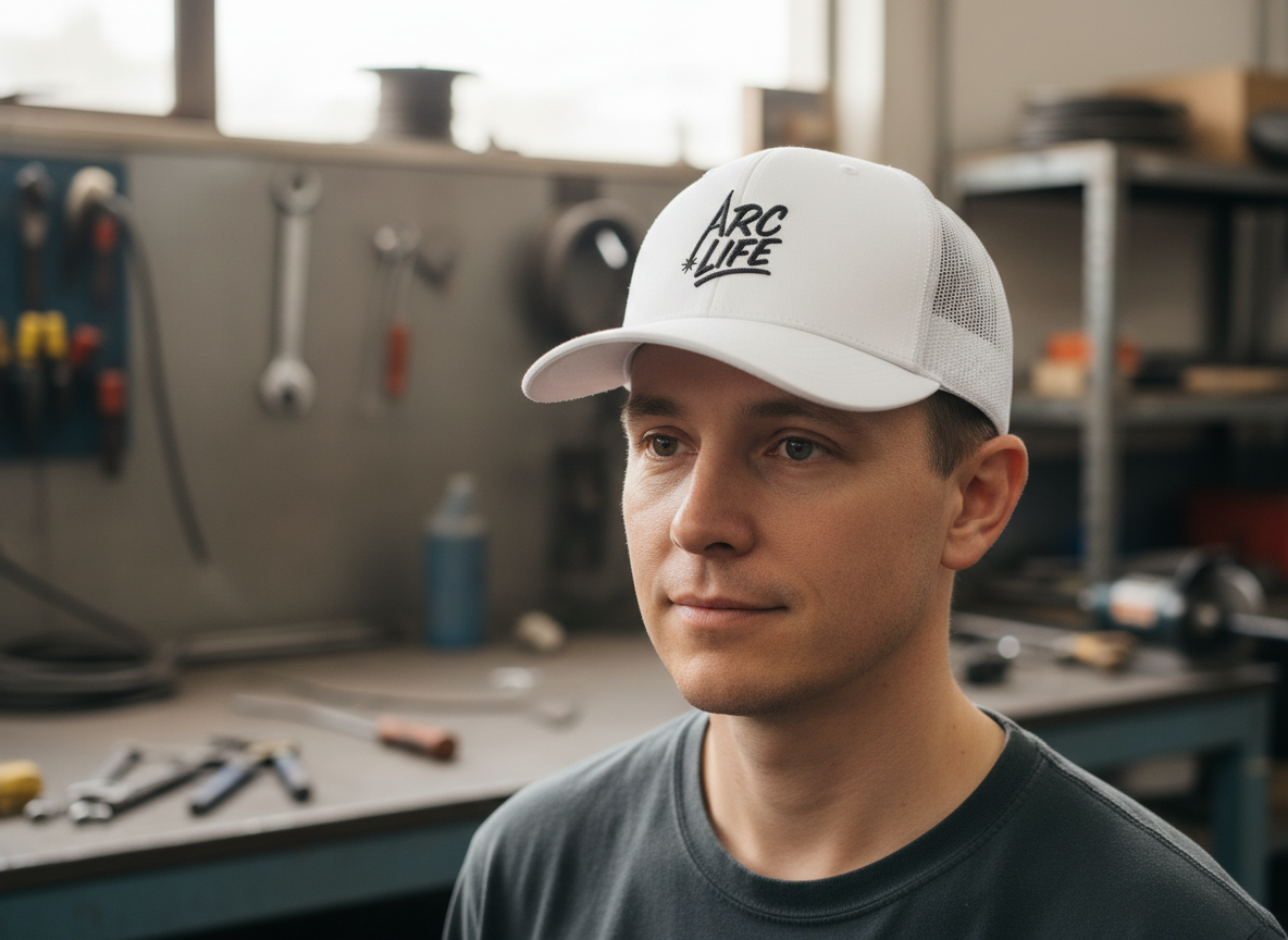 Arc Life Snapback Trucker Hat, Light Color, black text