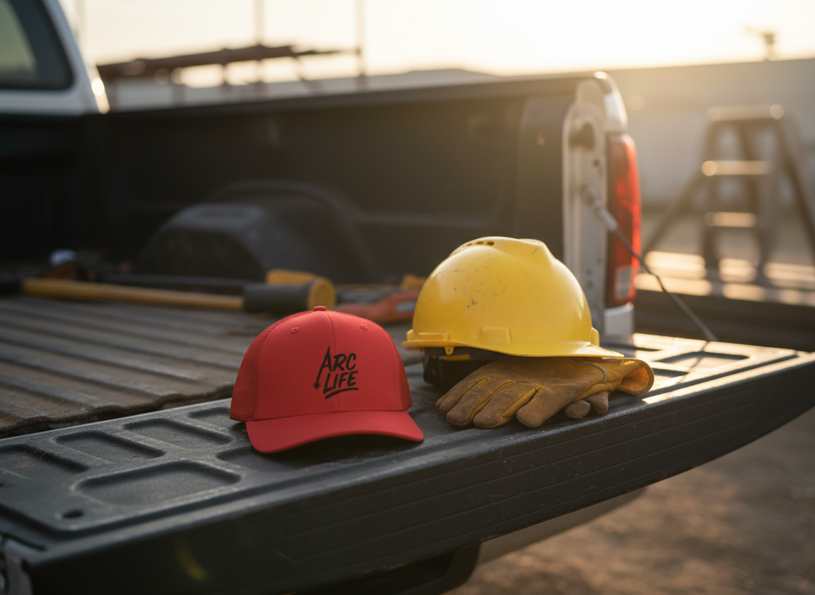 Arc Life Snapback Trucker Hat, Light Color, black text