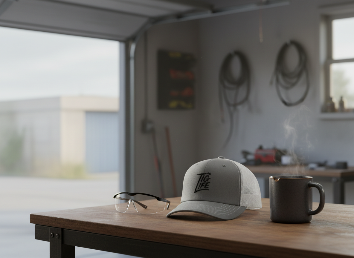 TIG Life Snapback Trucker Hat, Light Color, Black Text