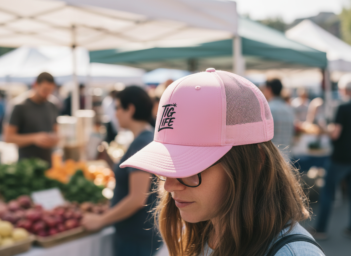 TIG Life Snapback Trucker Hat, Light Color, Black Text