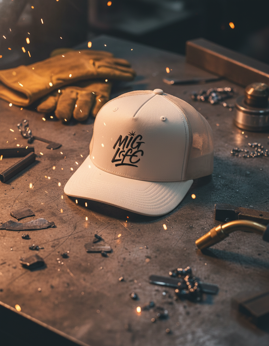 Mig Life Snapback Trucker Hat, Light Color, Black Text