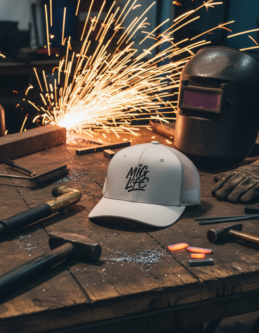 Mig Life Snapback Trucker Hat, Light Color, Black Text