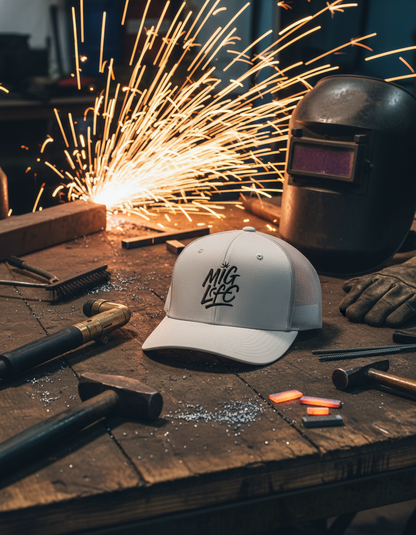 Mig Life Snapback Trucker Hat, Light Color, Black Text
