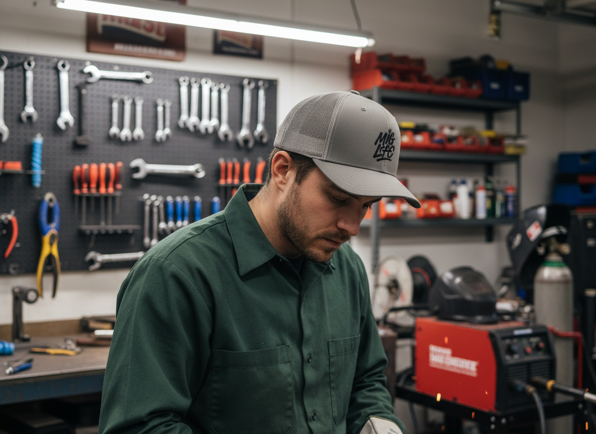 MIG Life Snapback Trucker Hat, Light Color, Black Text