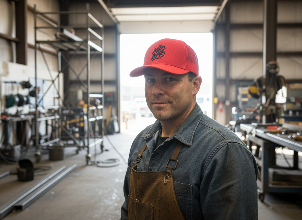 MIG Life Snapback Trucker Hat, Light Color, Black Text