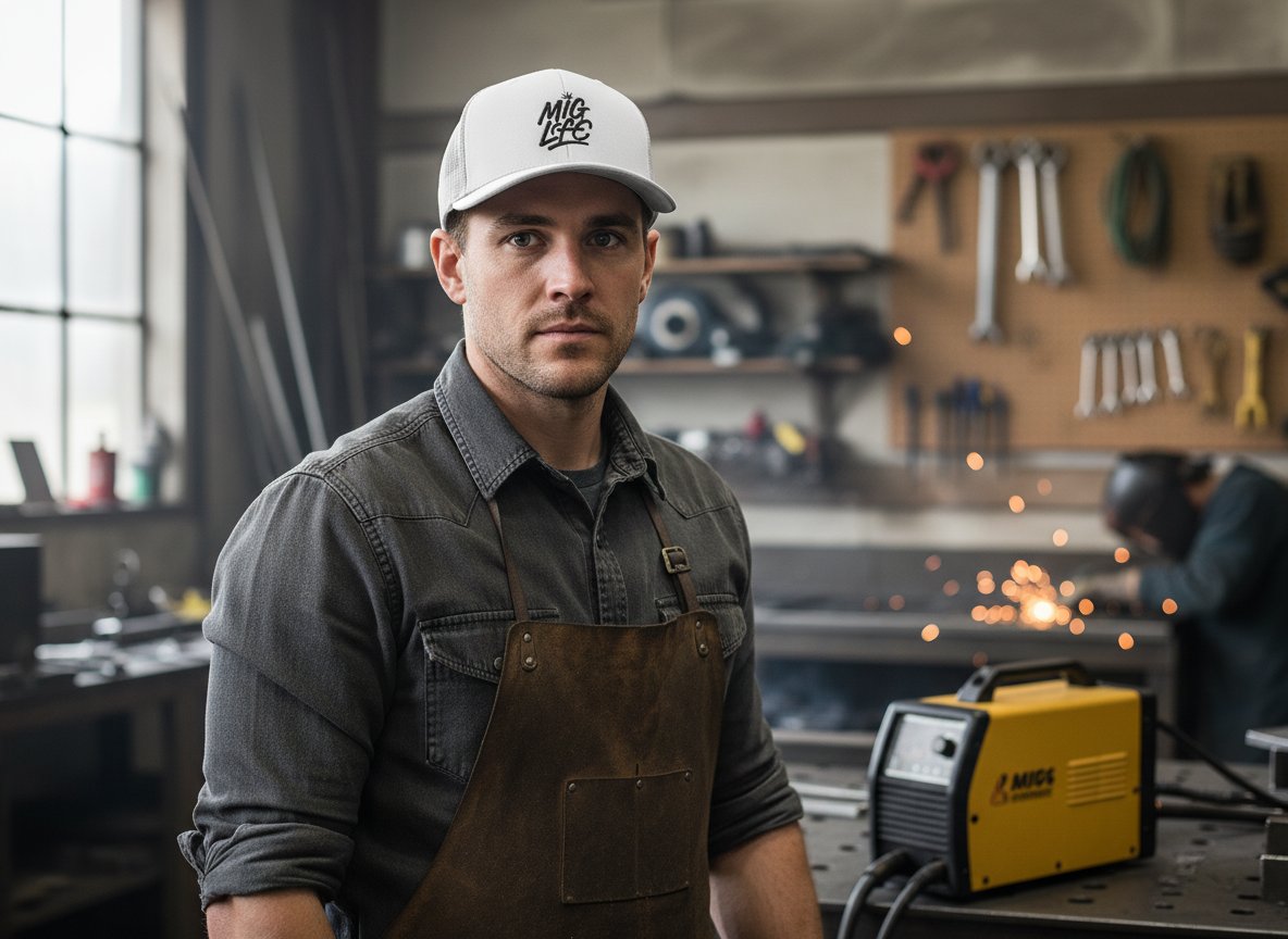 MIG Life Snapback Trucker Hat, Light Color, Black Text